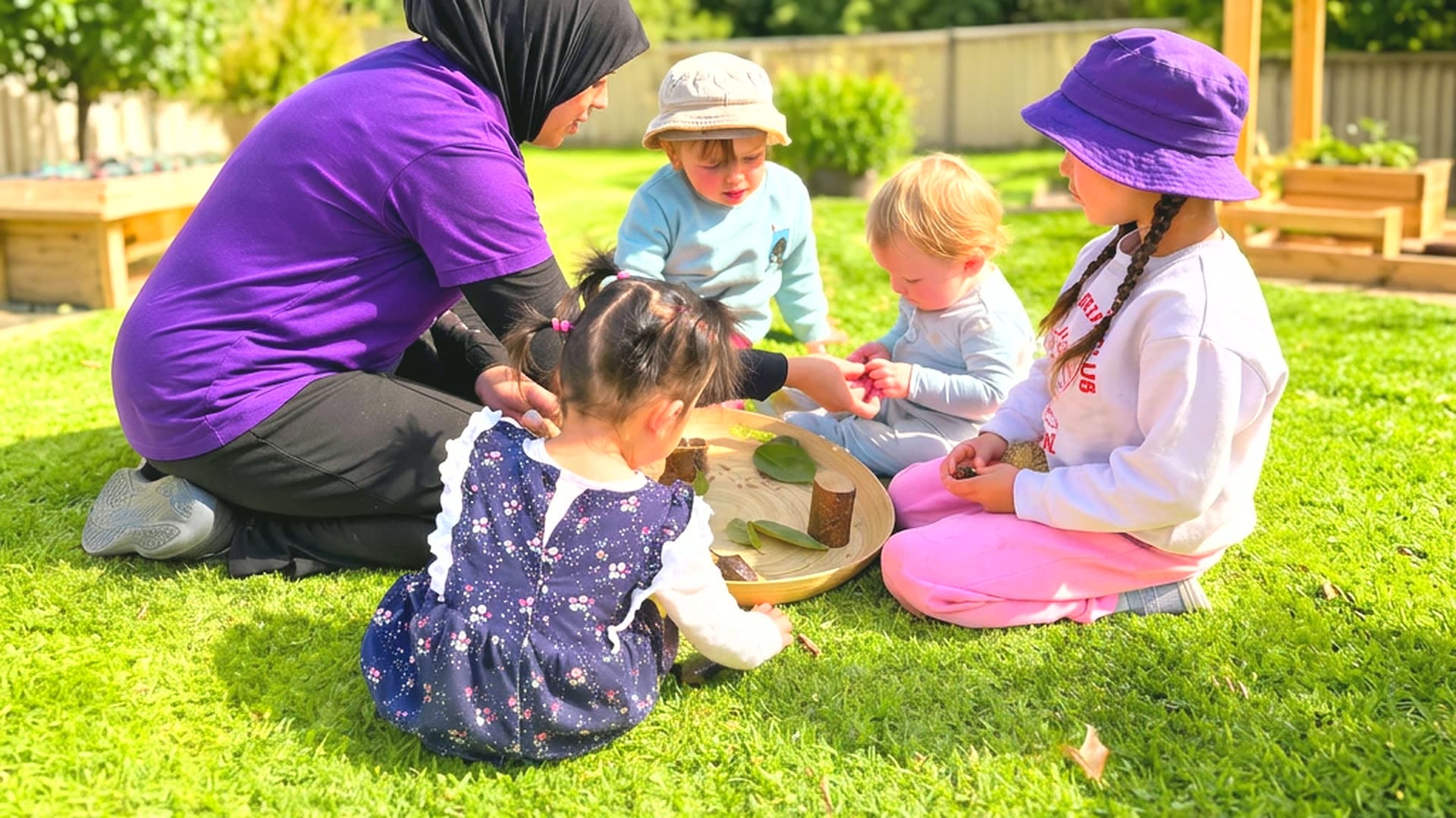 An educator and young children exploring leaves and natural materials together on the lawn at Montessori Home Early Learning Shepparton