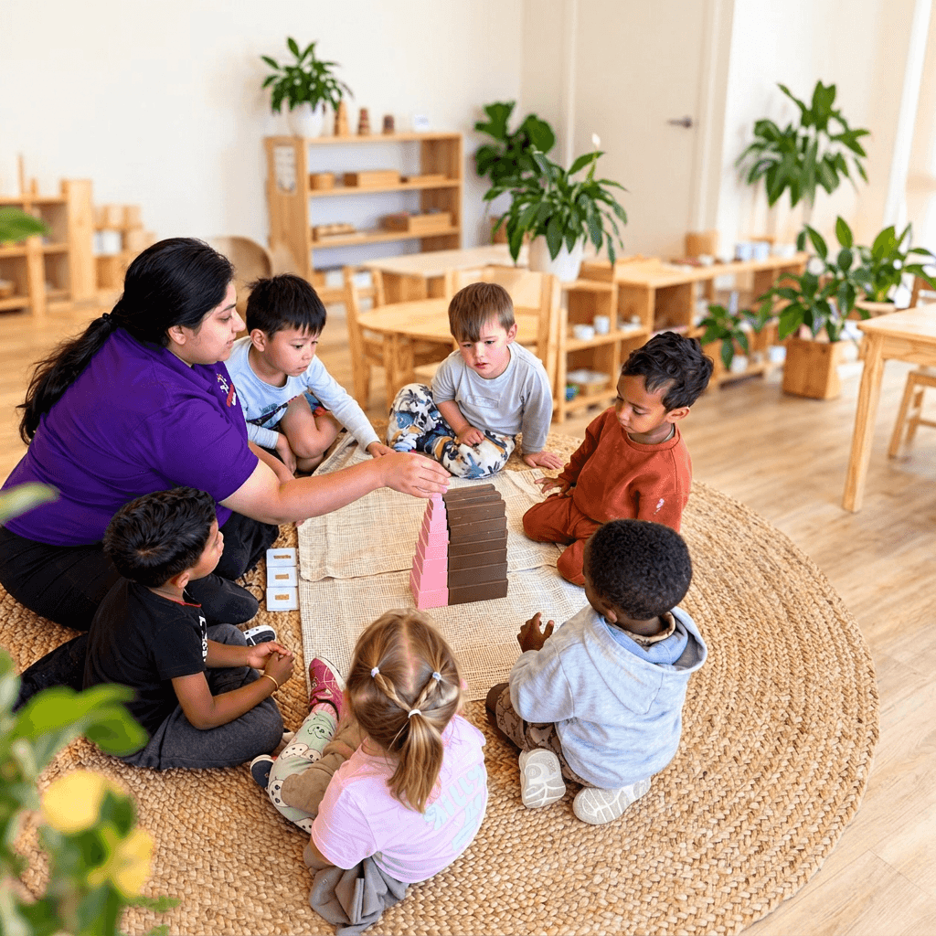 Educator and children sitting in a circle around Montessori materials on a classroom mat