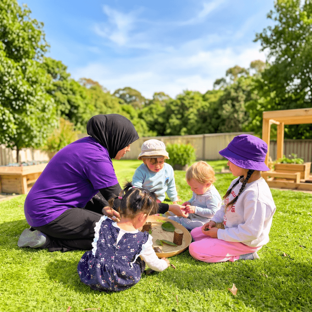 Educator and children exploring a nature tray together on the grass in the outdoor garden