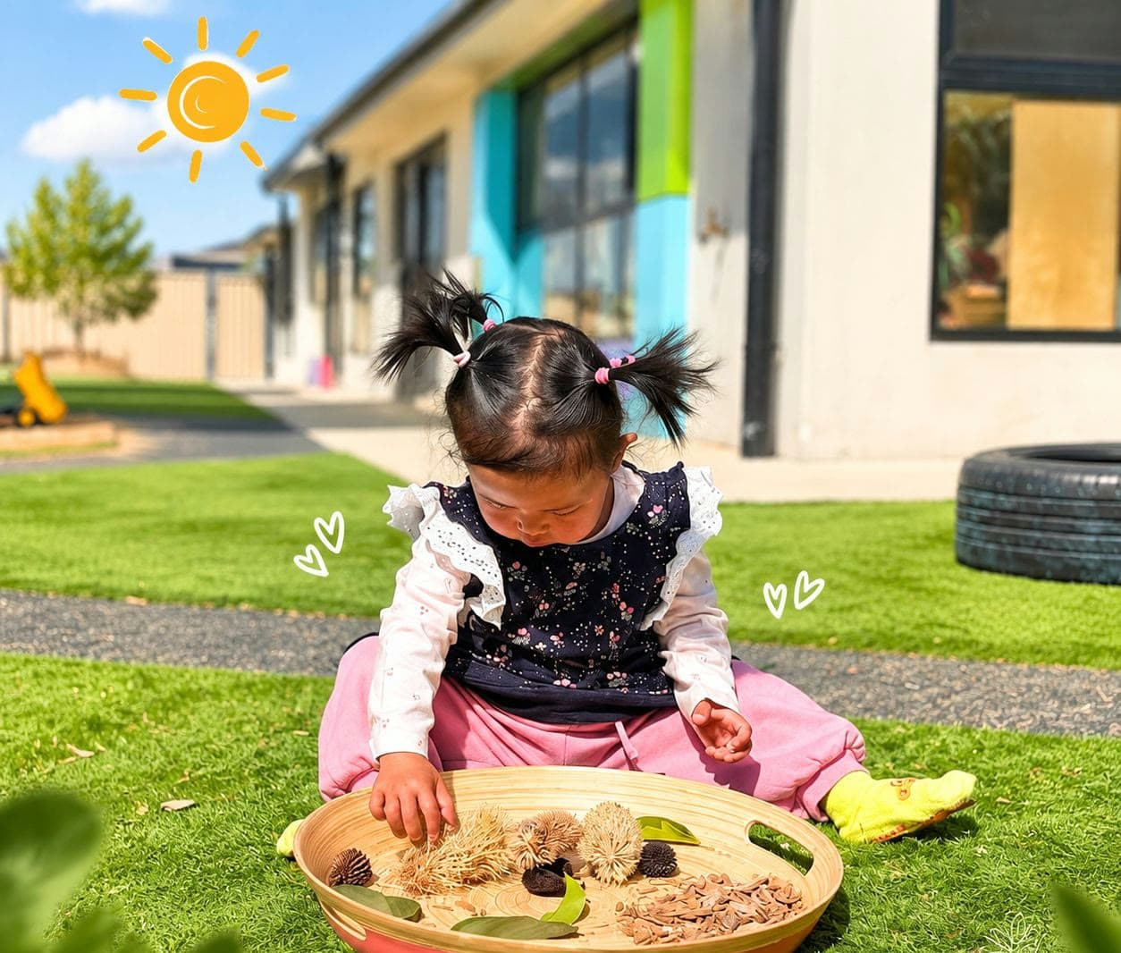 Toddler concentrating on a Montessori nature tray activity